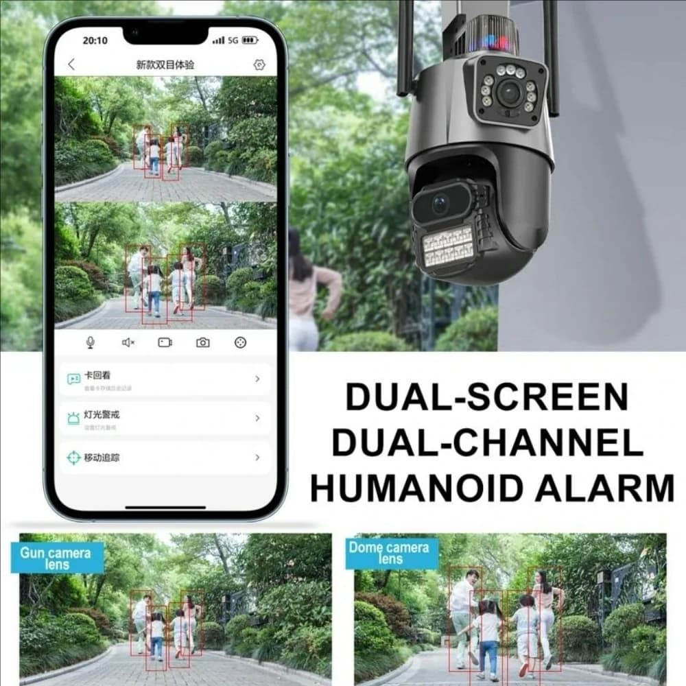 Telecamera PTZ WiFi da Esterno 4K 8MP con Doppia Lente e Doppio Schermo, Tracciamento Automatico AI, Telecamera di Sicurezza 4MP, Allarme con Luce Poliziotto