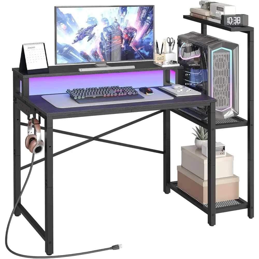 Computer Desk with LED Light and Current Clamp, Small Gaming Desk with Monitor Support, Reversible Gaming Table with 2 Side Hooks