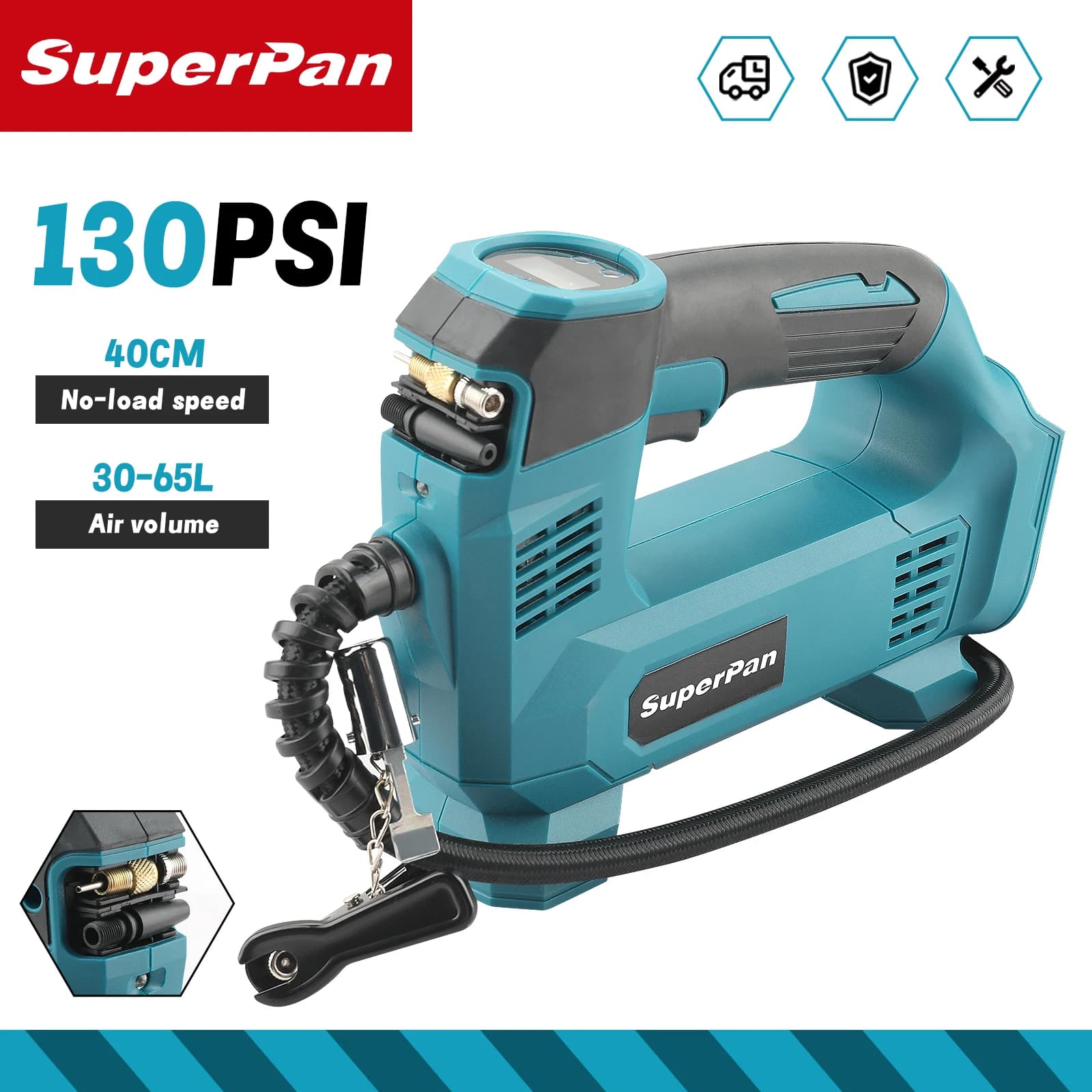 Mini compressore d'aria SUPERPAN da 21 V 180 PSI – Gonfiatore per pneumatici per impieghi gravosi con luce a LED Pompa d'aria elettrica per auto