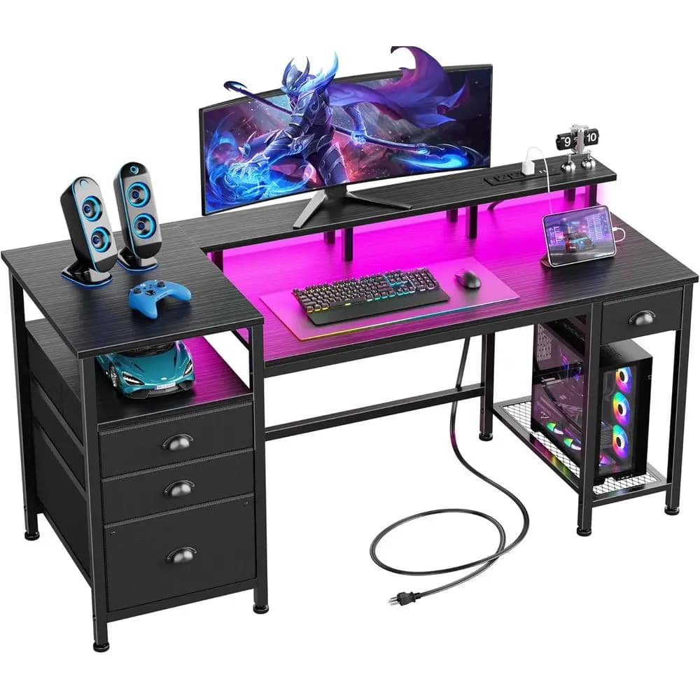 Scrivania da Gaming Nera con 4 Cassetti, Luci LED, Porte USB, Mobile in Tessuto per Ufficio o Camera da Letto