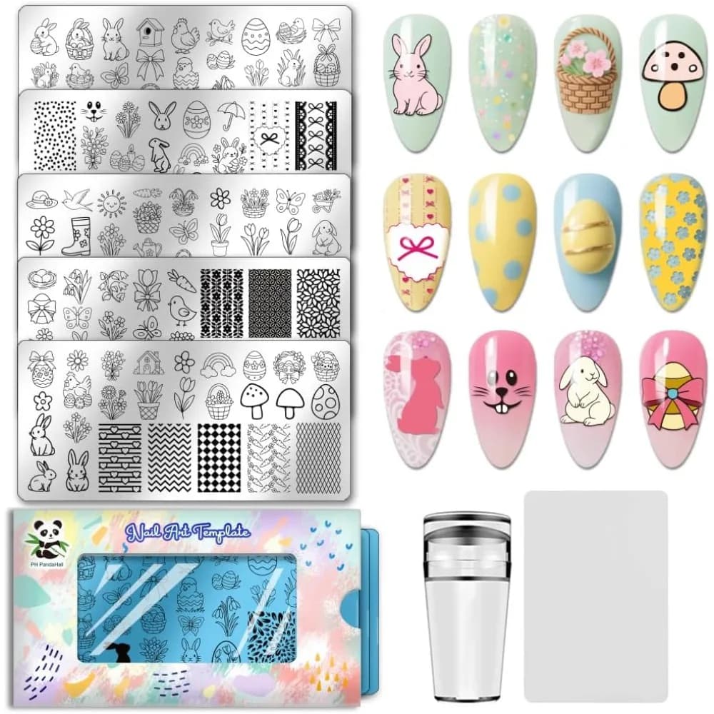 Modelli per nail art fai da te in acciaio inossidabile, strumento per modelli rettangolari con forme miste, 12x6 cm, 5 fogli/set