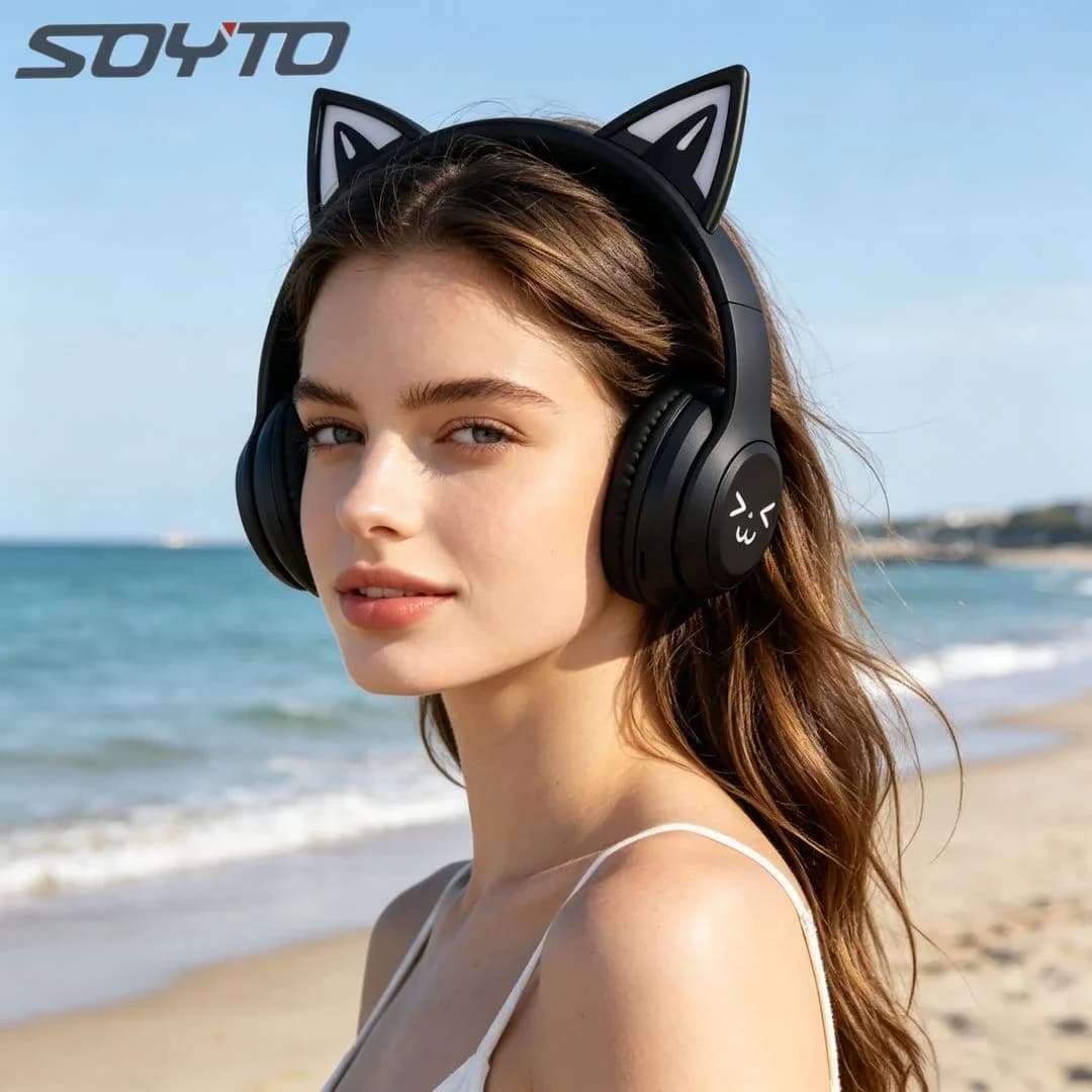 SOYTO Cuffie Bluetooth Wireless Pieghevoli con Orecchie di Gatto Luminose LED, Auricolari Stereo per Gaming e Musica, per Ragazze, Telefono e PC