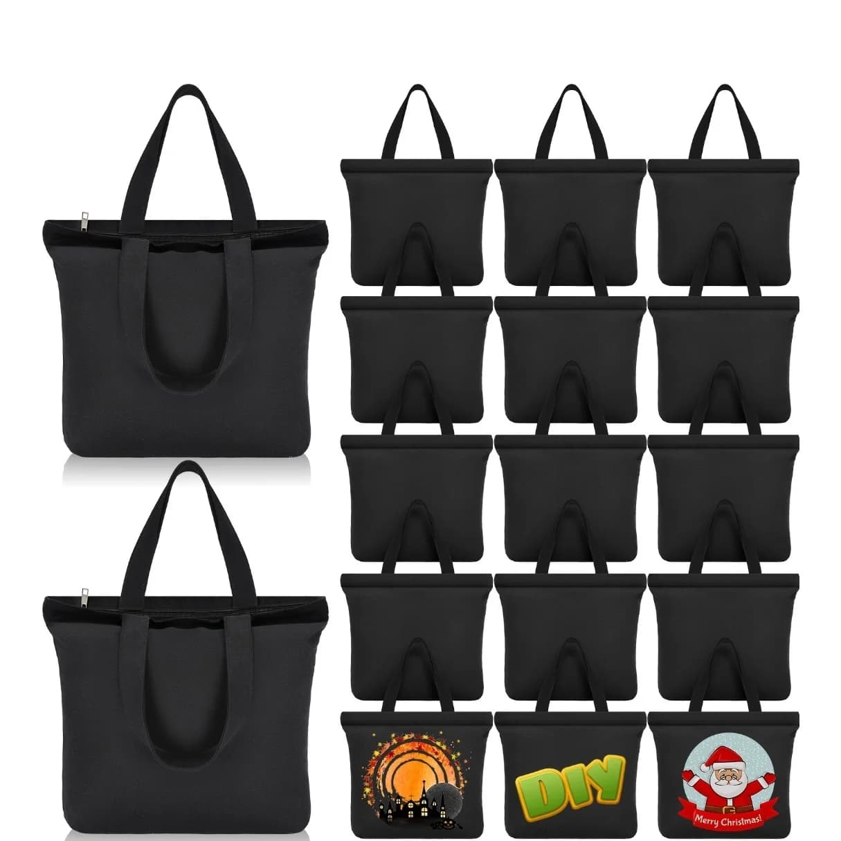 15 Pieces Natural Canvas Tote Bag Bulk With Zipper 16.5 X 13 Inch Black DIY Reusable Canvas Grocery Bag With Handle Plain Bag For Women Crafts Painting Blank Sublimation Embroidery Gift Bags