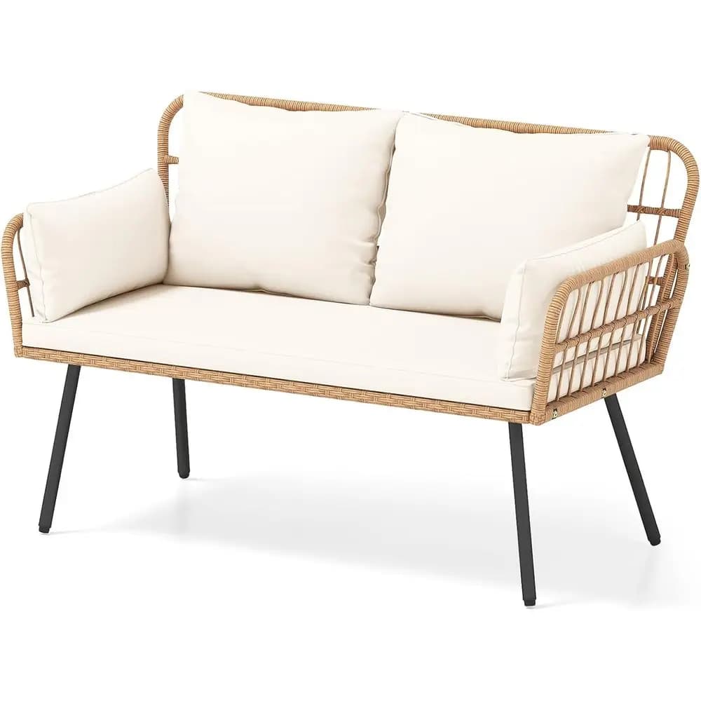 Divano a due posti da esterno in rattan a 2 posti con cuscini, cuscini lombari, gambe in metallo, ideale per balcone, portico, terrazza (bianco sporco)