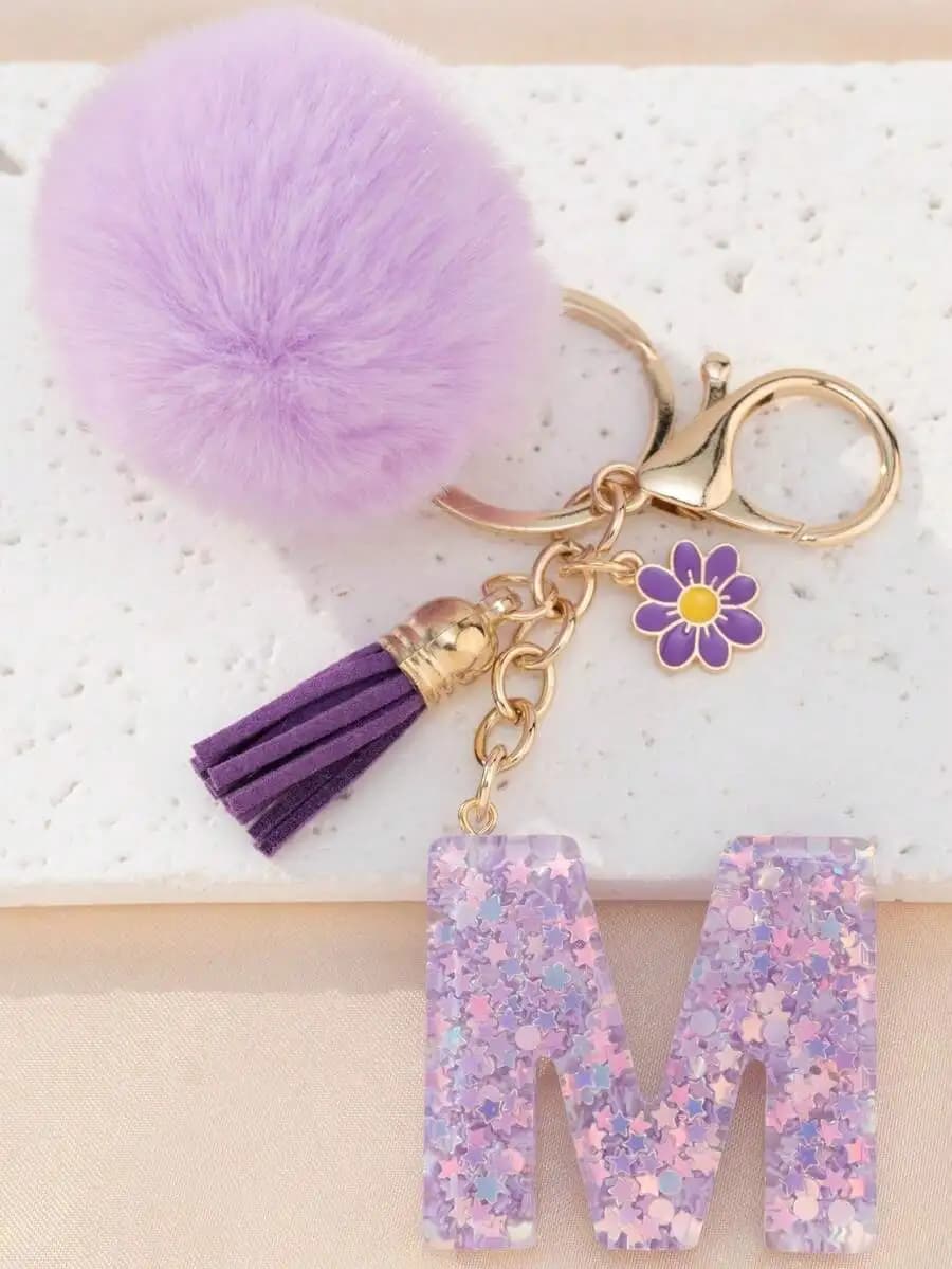 Resin Letter Keychain With Pom Pom Tassel And Flower Charm For Bag Wallet Car