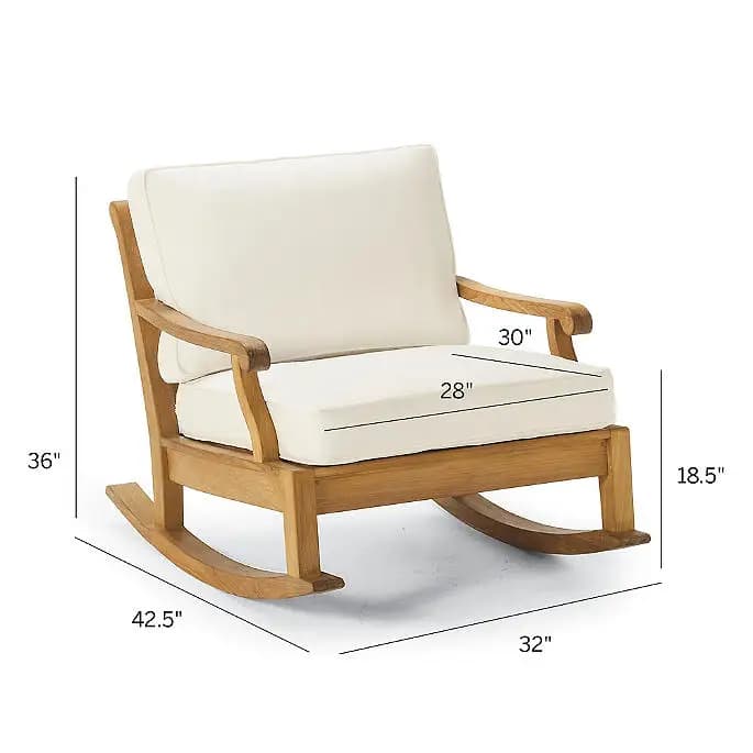 Solid teak wood rocking chairs with luxury thick cushions for outdoors, for adults.