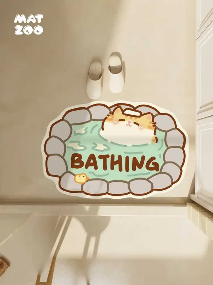 VIKAMA Cat Bathing "Bathing" Print Pet Feeding Mat Waterproof Anti-Slip Food Mat for Cat Bowl Easy Clean