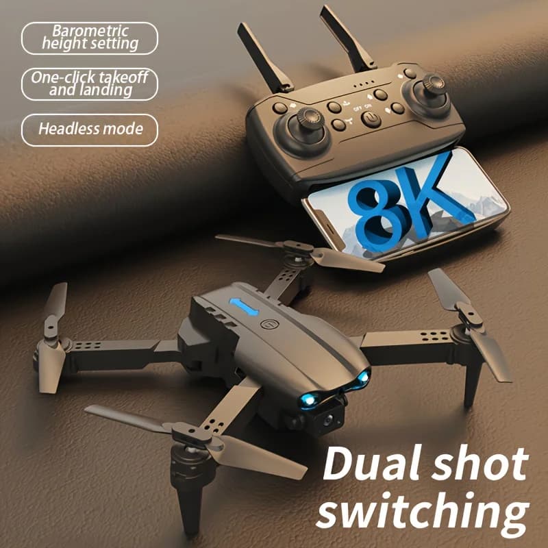 E99 Foldable RC Drone with Dual 8K Cameras, Ideal for Beginners and Adults, USB Rechargeable Battery, Perfect Gift for Holidays