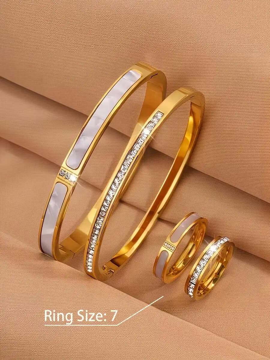 Set di 4 braccialetti e anelli in acciaio inossidabile con strass per donna, da indossare tutti i giorni, idea regalo