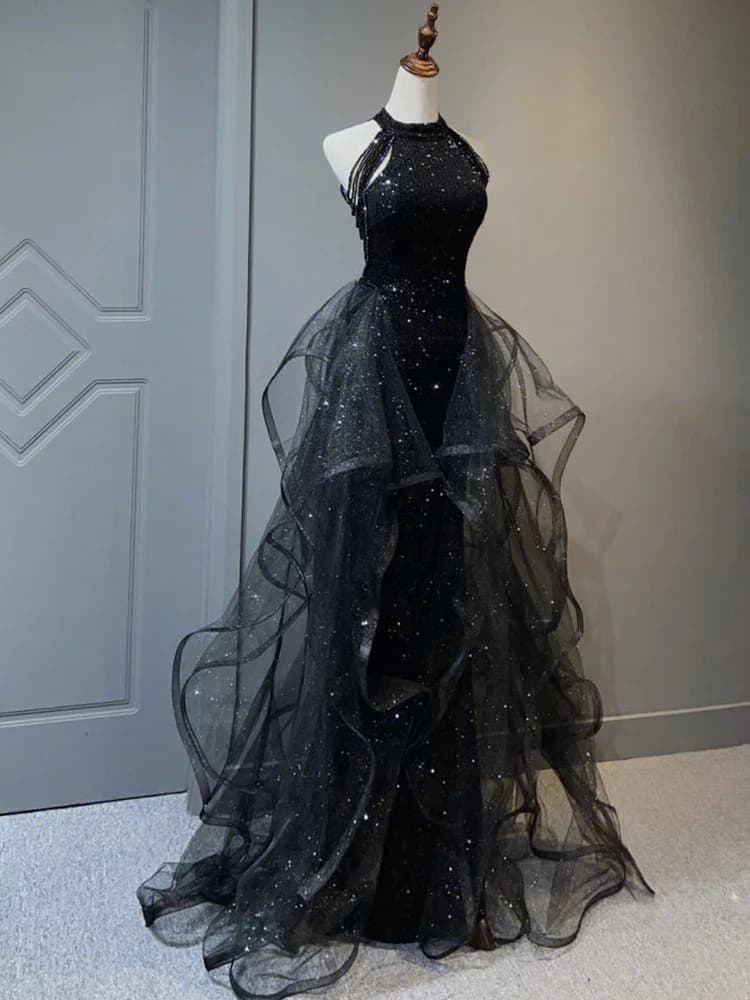 Abito glitterato Abito da sera nero di lusso Gonna senza maniche Abito con paillettes nero Gonna in tulle scintillante Gonna con scollo all'americana a vita alta