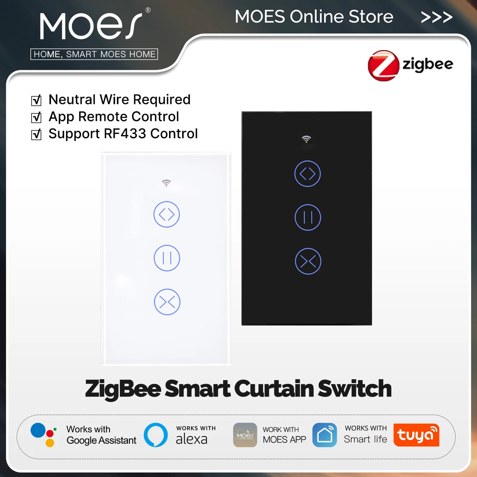MOES Tuya ZigBee Smart Glass Touch Interruttore per tende App RF Controllo wireless Filo neutro ignifugo richiesto con Alexa Google Home