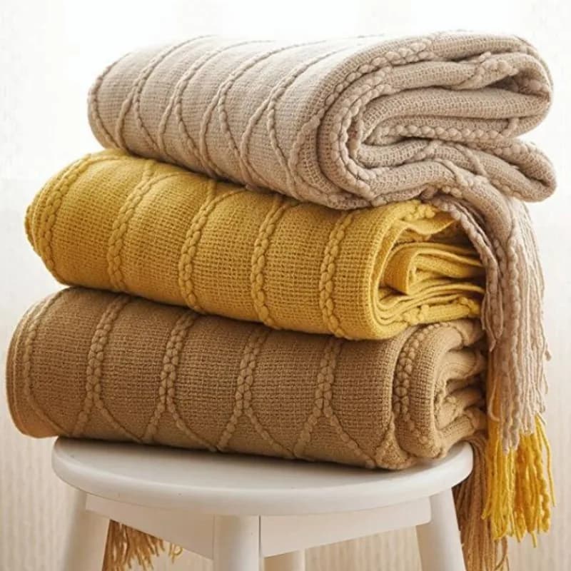 Coperta da tiro in tessuto Boho con nappe Jacquard strutturato Boho Summer Cozy Farmhouse coperte da tiro Manta Para sofà giallo kaki
