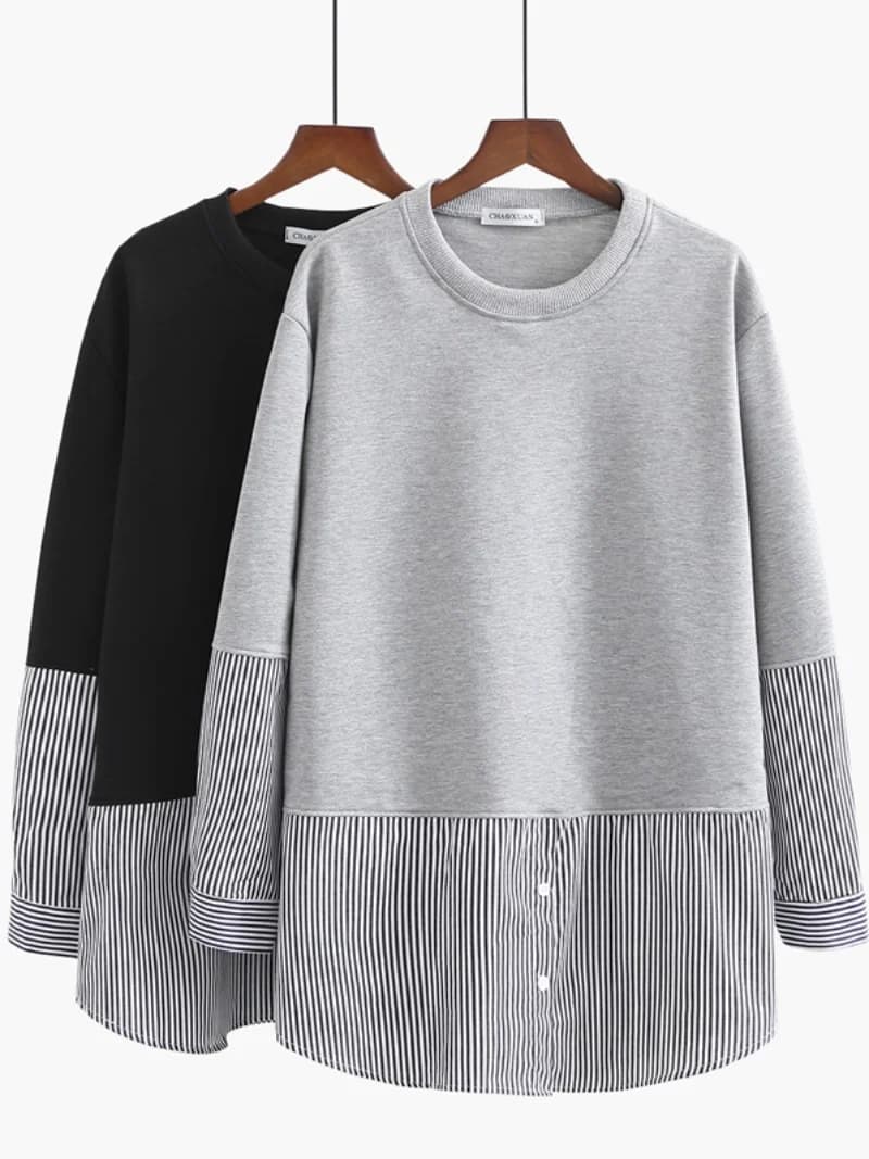 Spring 2023 Women's Korean Style Oversized Hoodie round Neck Striped Hem Patcher Fake Two-Piece Sweatshirt Casual Comfortable