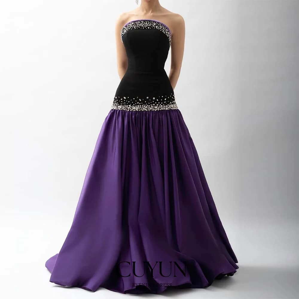 CUYUN Abito da sera formale nero e viola con perline Abiti da festa lunghi senza spalline personalizzati con linea A Abiti da festa patchwork