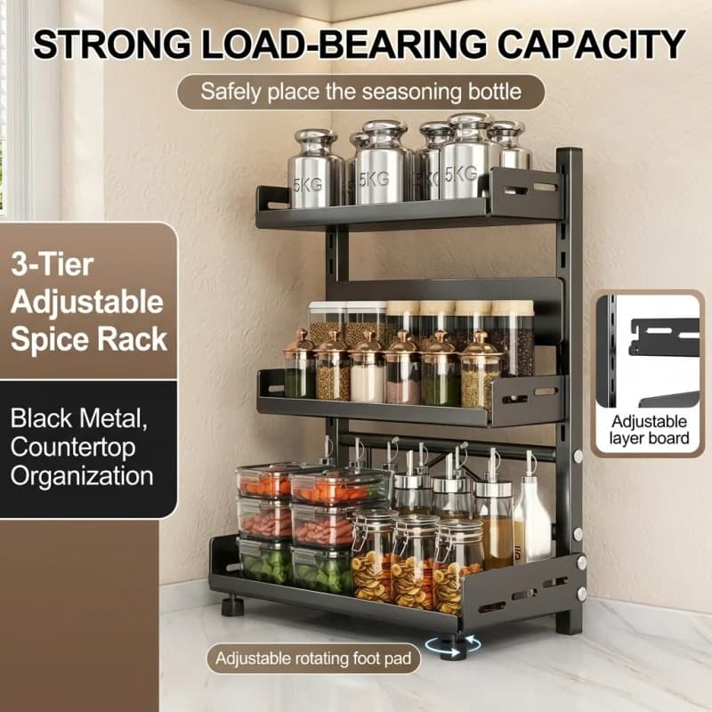 Organizzatore Regolabile per Spezie, Scaffale in Metallo per Cucina, Set Assortito Nero