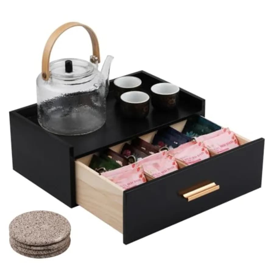Tea Organizers and Storage Box Tea Station organizer for Countertop with 4 Cotton Woven Coasters Tea Bag Organizer Drawer Teaba
