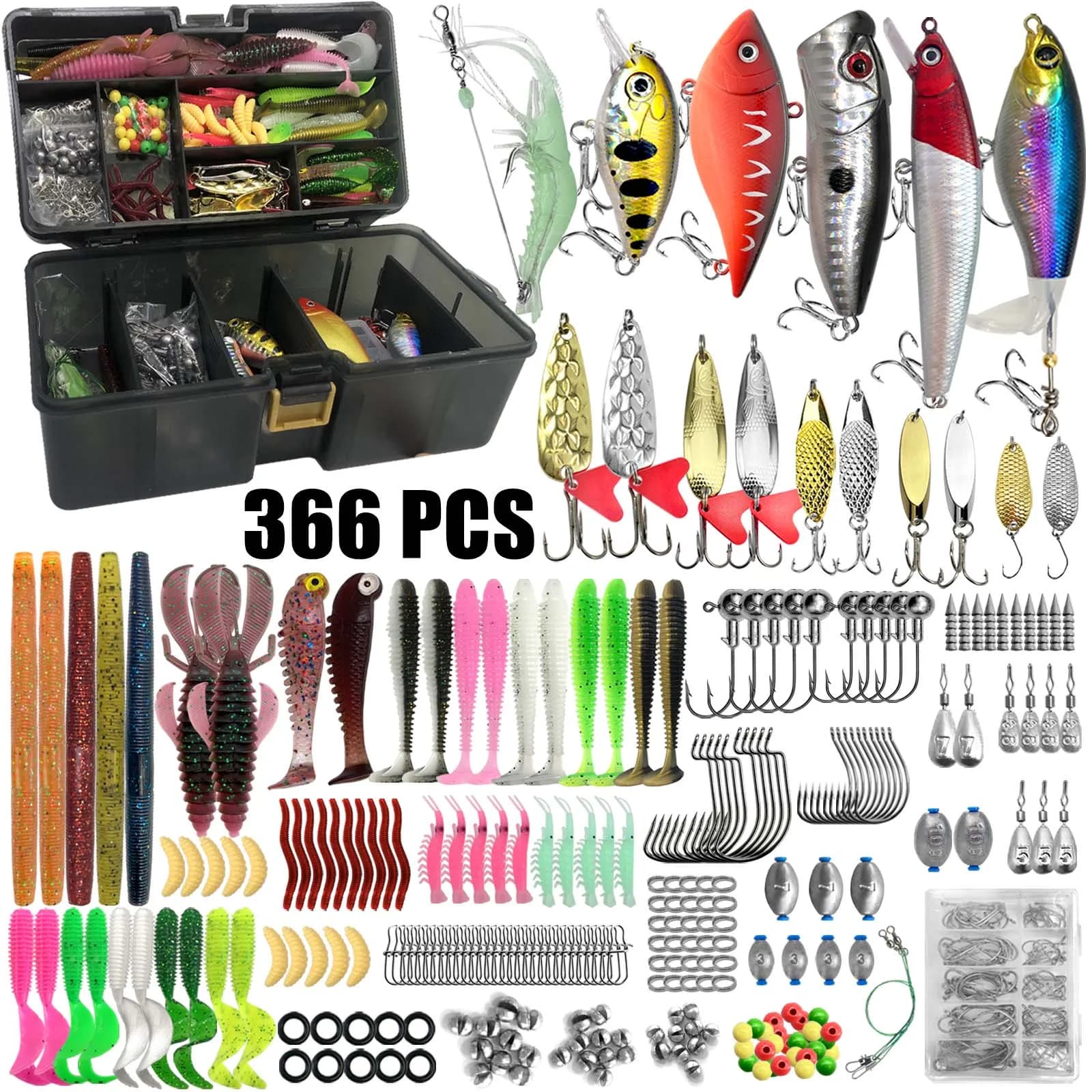 Fishing 86/88/136/149/366pcs Fishing bait kit for trout/pike/basss Multi-light fishing set Pro Gear Tackle Box