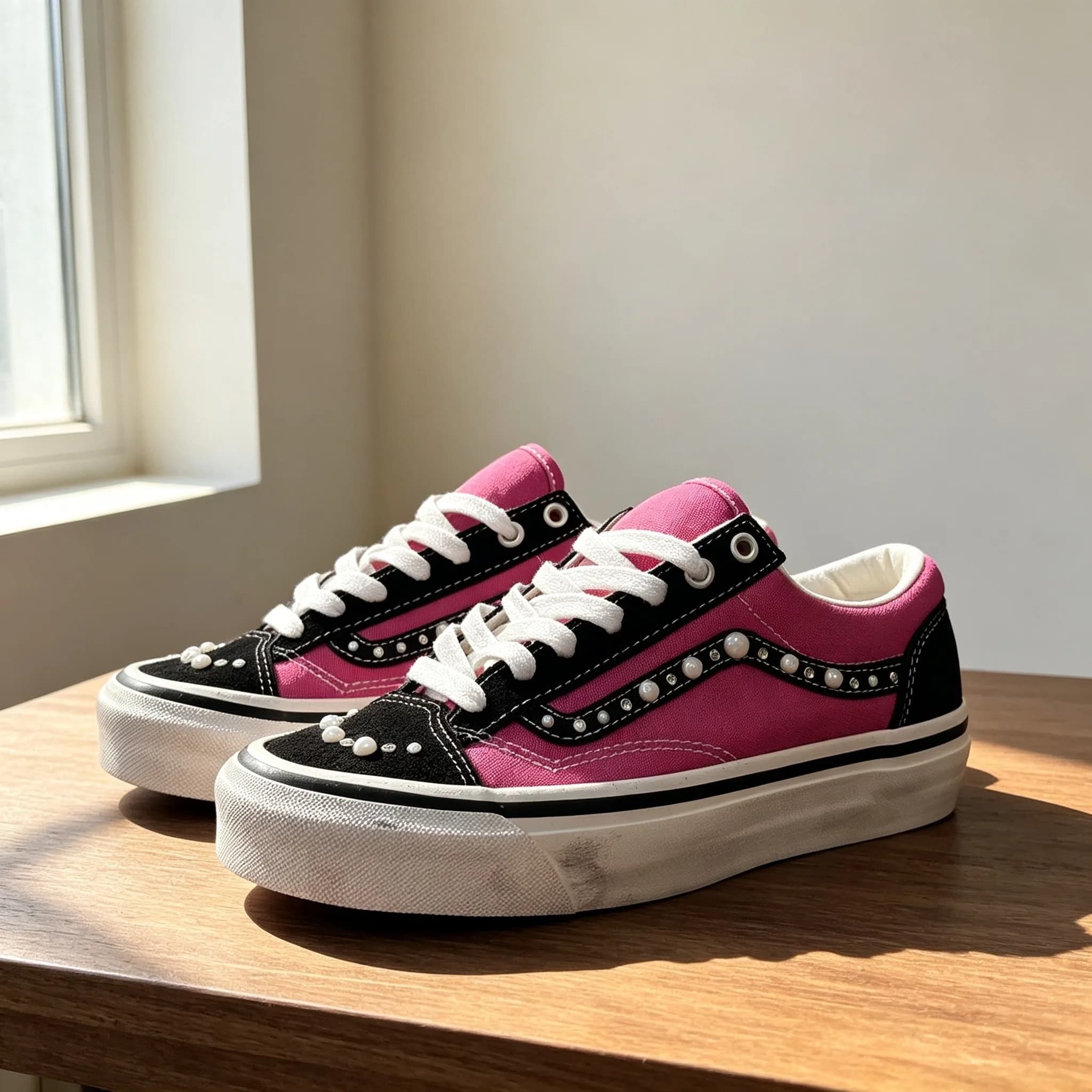 Pearl Studs Retro Distressed Low Top Canvas Footwear Vintage American Style Casual Daily Sneakers