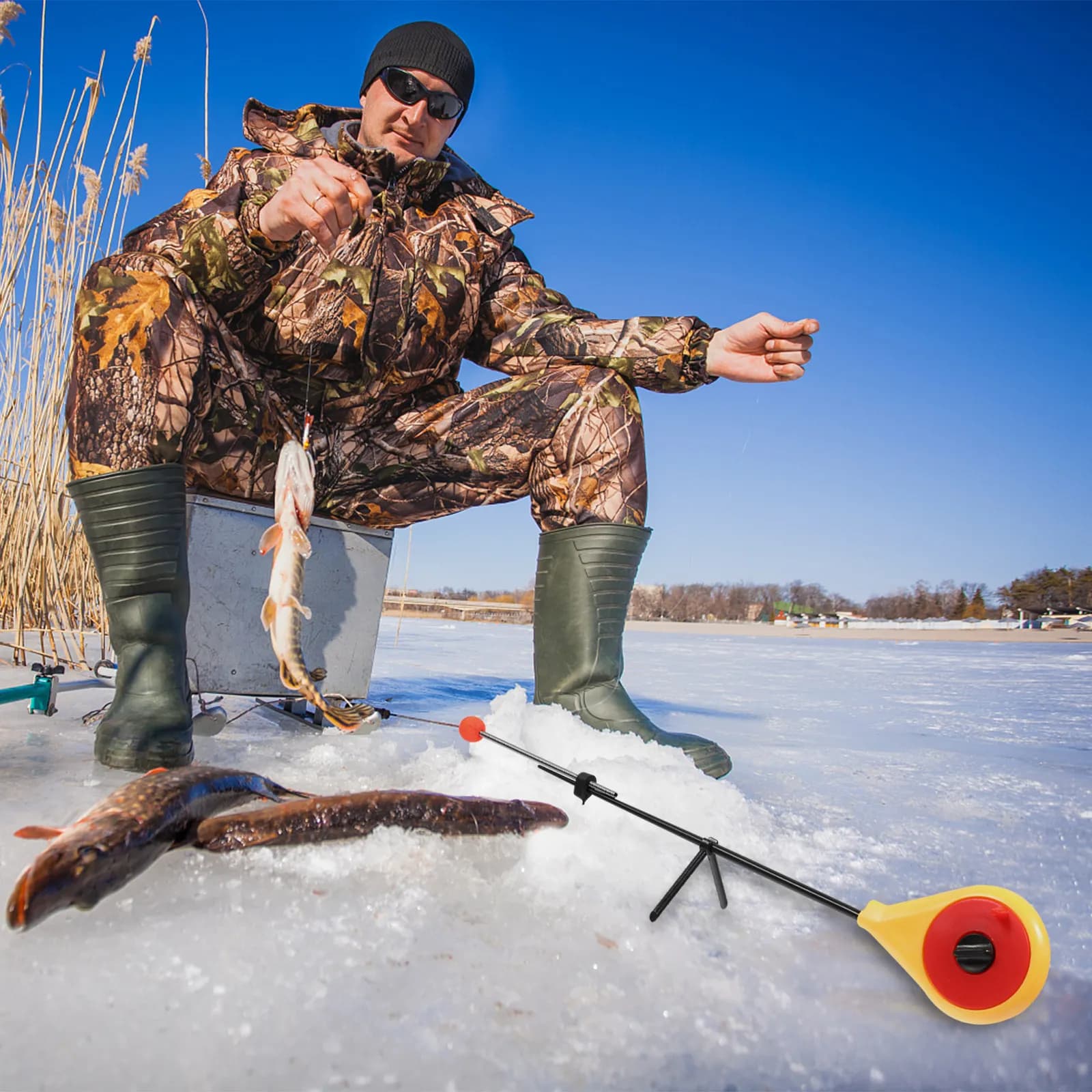1 set 1 set di canne da pesca sul ghiaccio invernali, leggere, resistenti, elastiche, con impugnatura antiscivolo per un uso prolungato, pratico strumento da pesca
