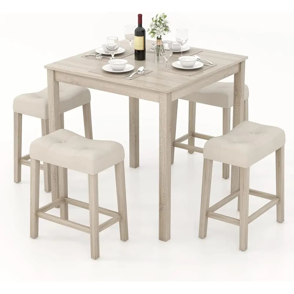 Set da Bar a 5 Pezzi, Tavolo Quadrato con Sgabelli Imbottiti, Tavolo da Cucina Compatto con Gambe in Legno di Gomma, Soluzione Salvaspazio per la Sala da Pranzo