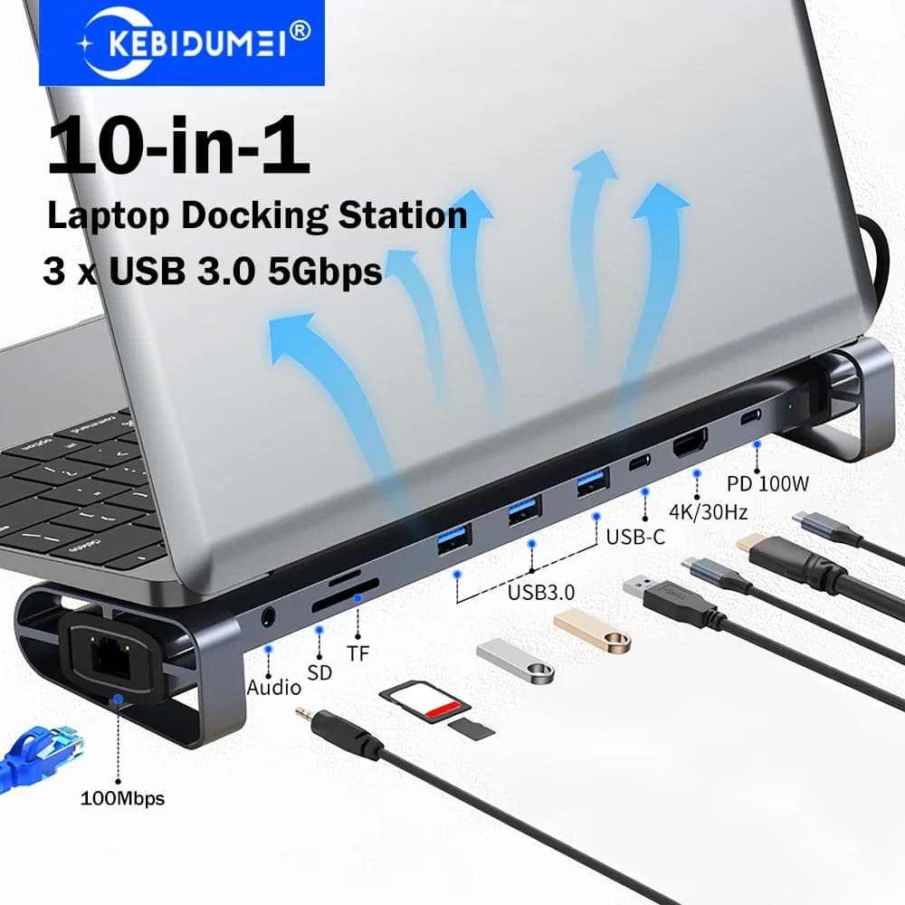 KEBIDUMEI Docking Station per Laptop 10-in-1, Hub USB C con HDMI 4K@30Hz, PD 100W, Ethernet 100Mbps, 3 Porte USB 3.0, Lettore di Schede SD/TF