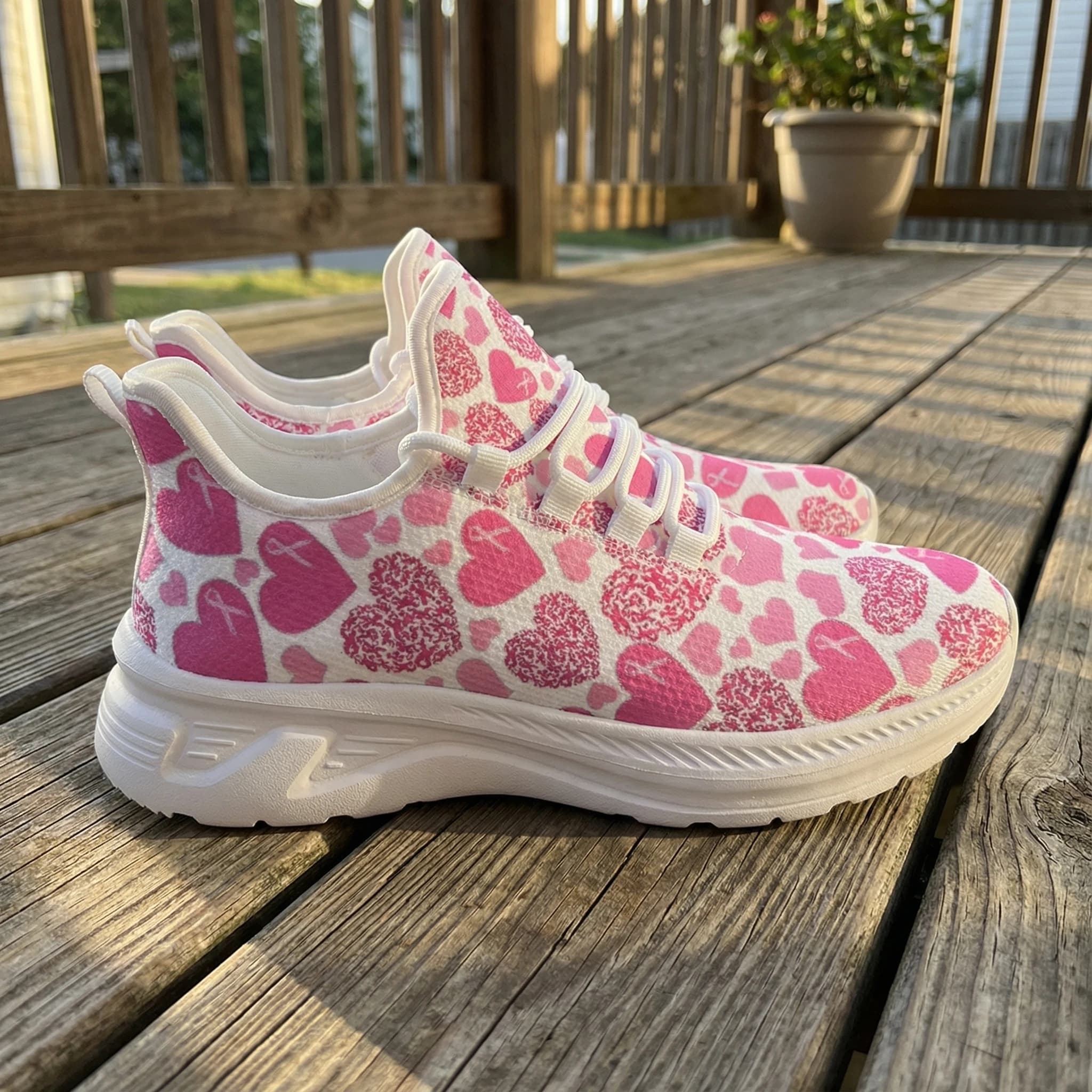Scarpe da ginnastica casual bianche con motivo a cuore rosa, scarpe da corsa eleganti, comode e traspiranti.