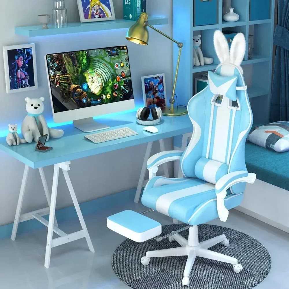 # Per sedia da gioco Kawaii azzurra con orecchie da coniglio, sedia da gioco ergonomica carina con poggiapiedi e massaggio, reclinabile da corsa