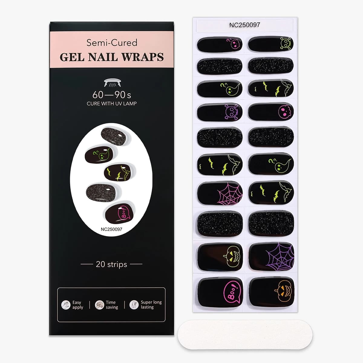20 punte per unghie in gel semicurato per Halloween, copertura completa, adesivo per unghie in gel gotico, decorazione per decalcomanie per manicure in gel a lunga durata