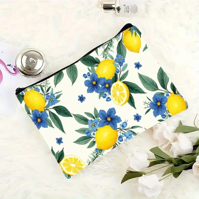 1 Pezzo di Borsa per il Trucco con Stampa Floreale Vibrante Blu Limone, Pochette Multifunzionale con Cerniera per Donne, Perfetta Borsa da Viaggio con Chiusura a Zip