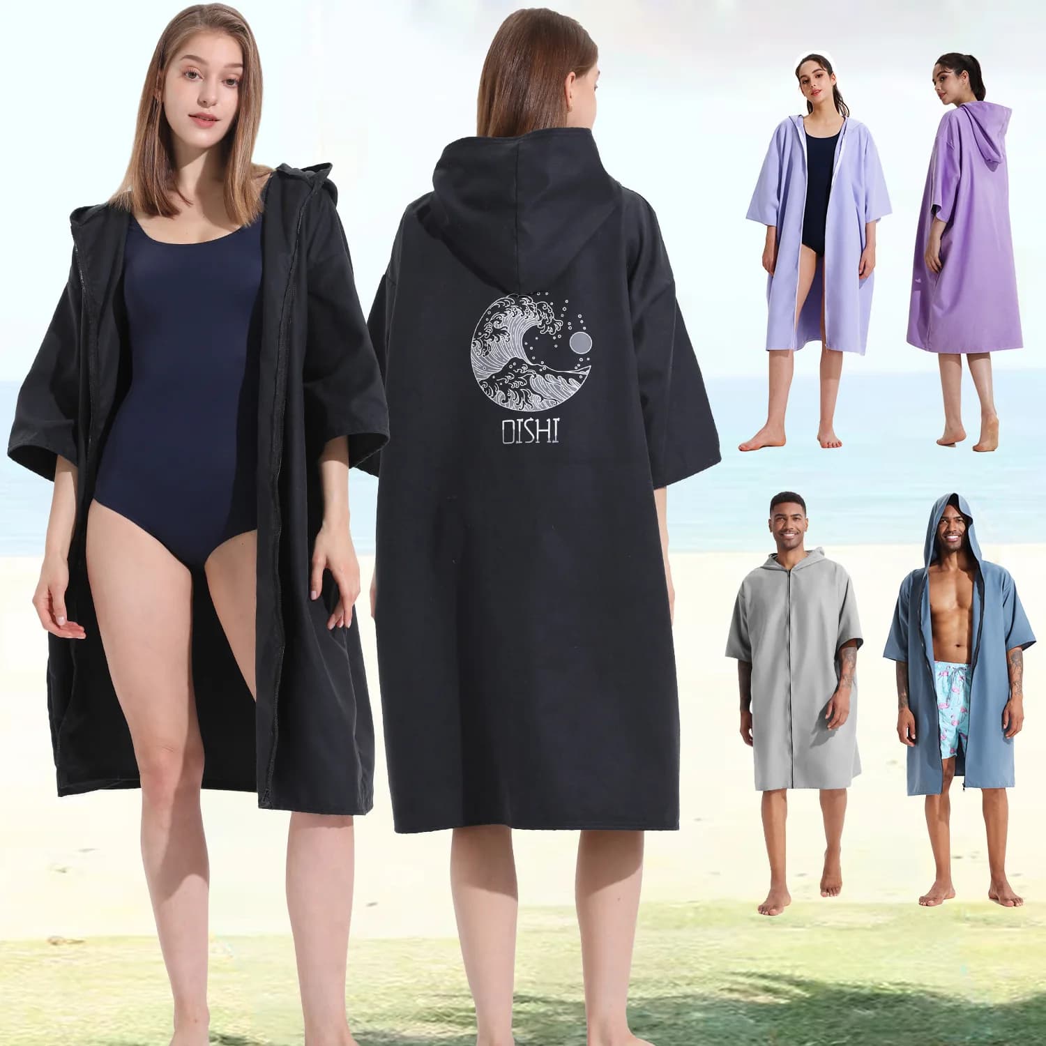 Accappatoio con cappuccio ad asciugatura rapida per surf e immersioni, con cerniera frontale, telo da spiaggia assorbente, telo in microfibra per nuoto e surf