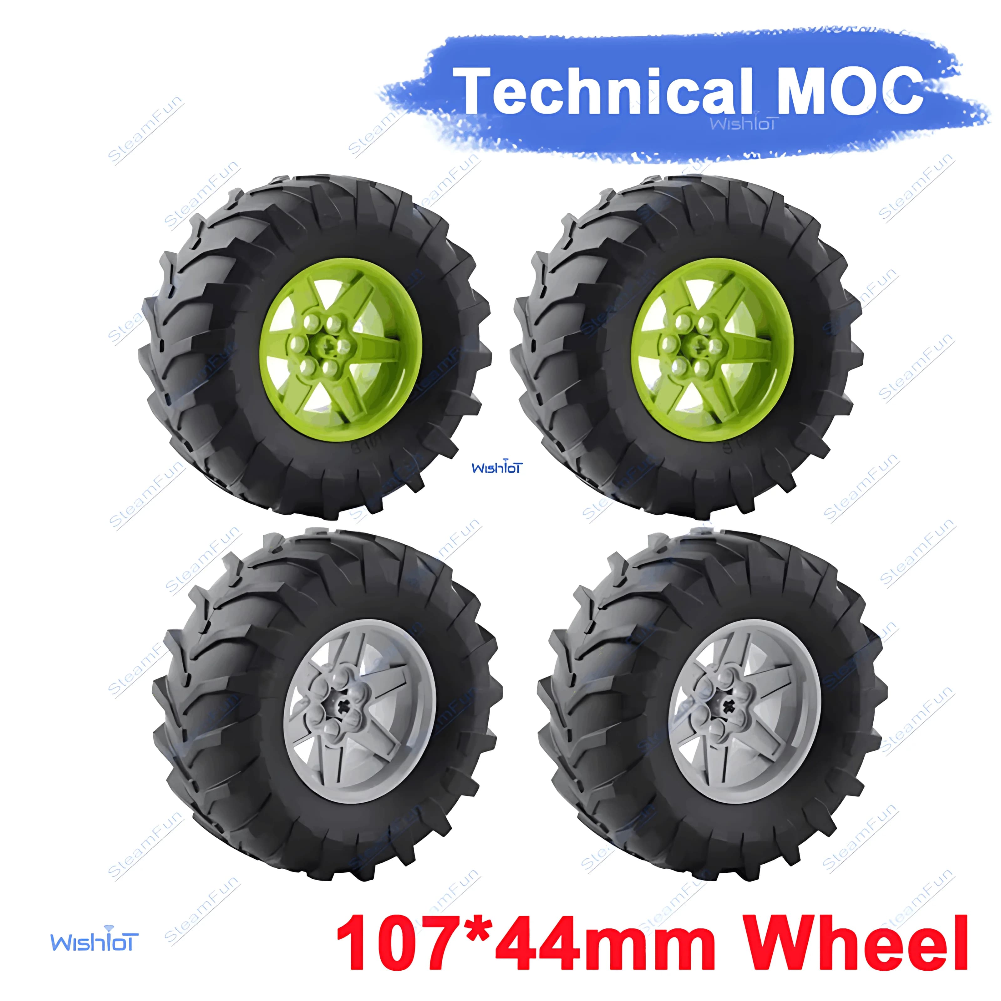 Ruota Tecnologica MOC 56 D.x34mm da Corsa Media con 6 Fori per Perni e Pneumatico 107x44R per Trattore 15038 23798 Mattoncini Giocattolo