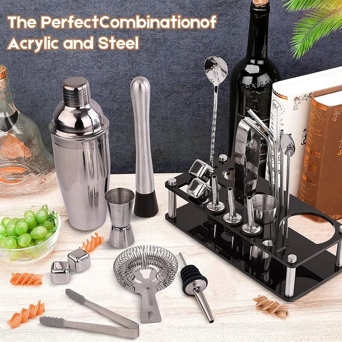 A11I Kit da barista Set di shaker da cocktail da 23 pezzi in acciaio inossidabile con venature del ghiaccio Supporto in acrilico per bevande miste Strumenti da bar Martini