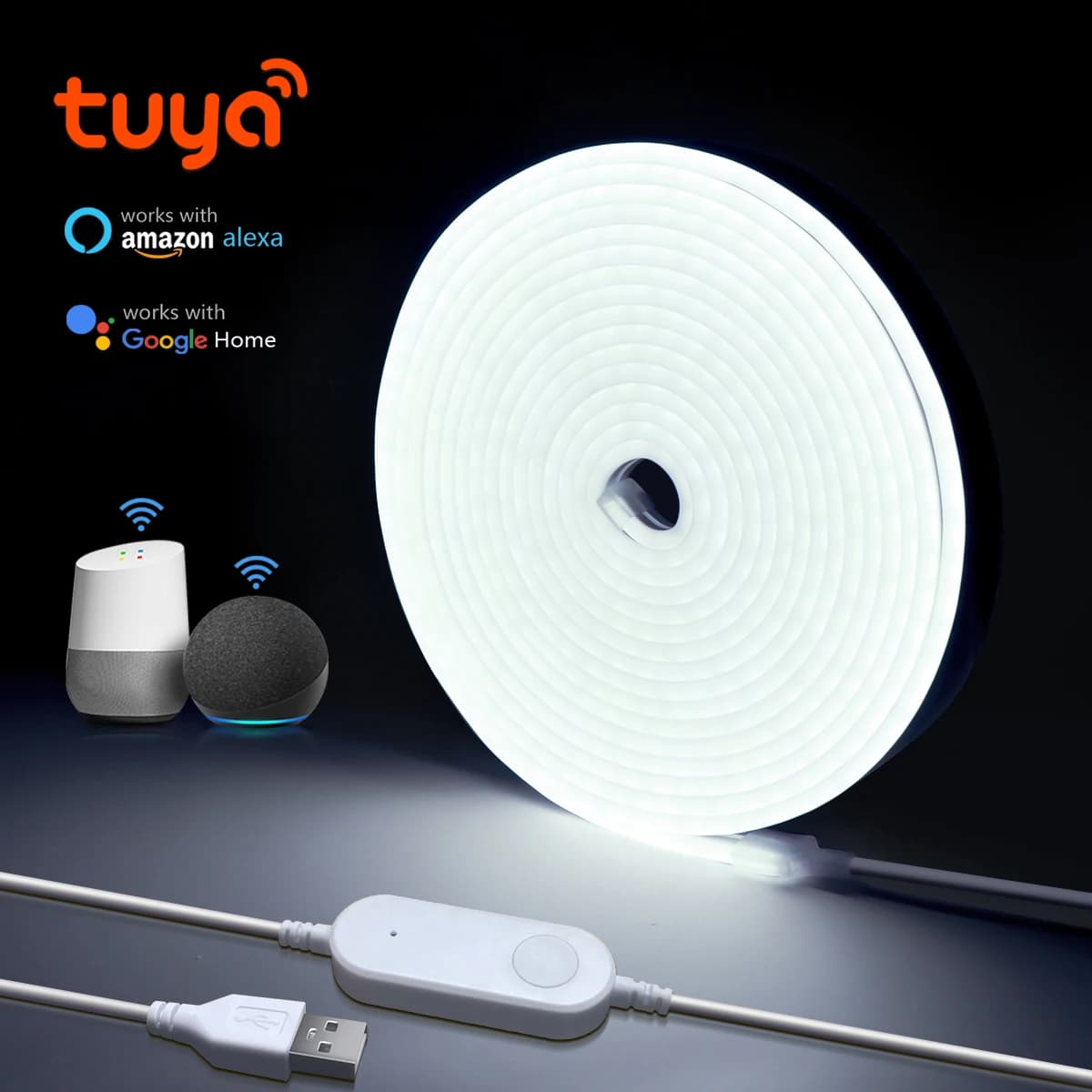 Tuya WiFi USB 5V Neon LED Strip Waterproof Dimmable Warm/White LED Strip Lights 1m/2m/3m for Alexa Google Home Assistant