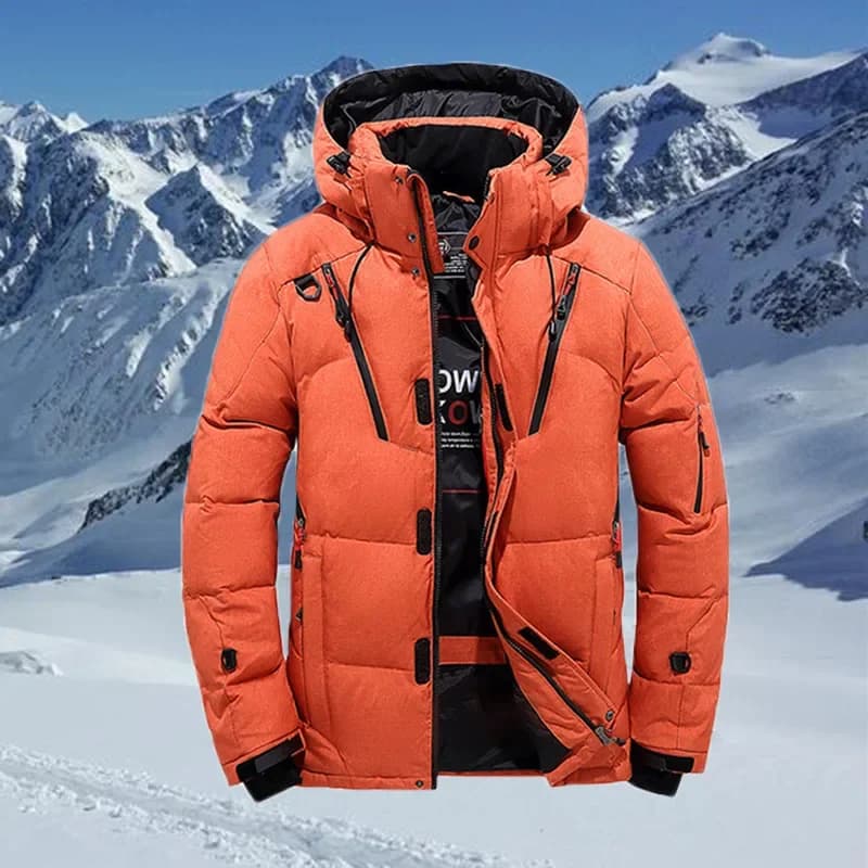 Piumino invernale da uomo Piumino d'anatra bianco Cappotto da moto caldo antivento Abbigliamento da uomo con cappuccio tinta unita ispessito