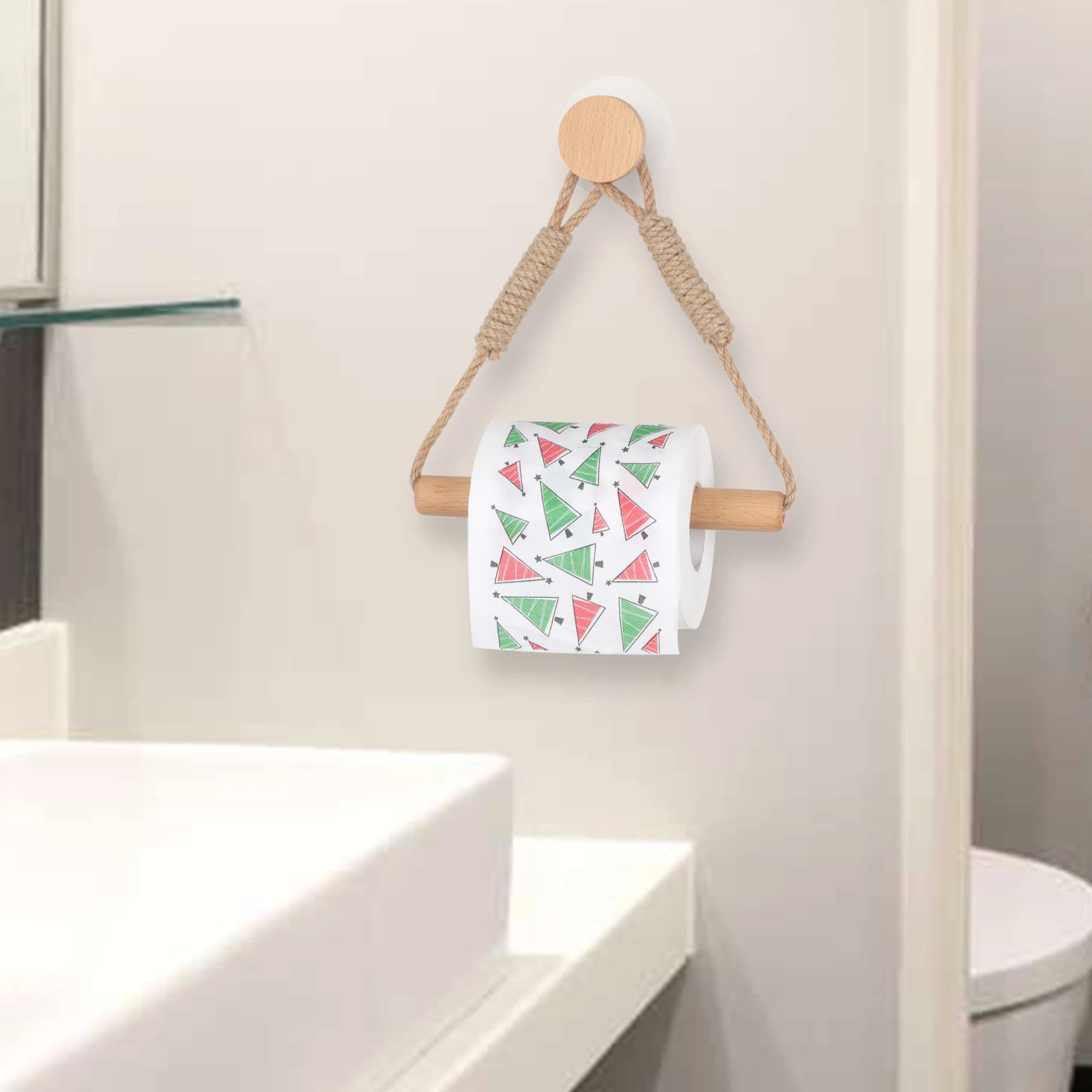 Porta carta igienica in legno Accessori da bagno Porta asciugamani di carta senza chiodi Porta asciugamani igienici triangolare a parete