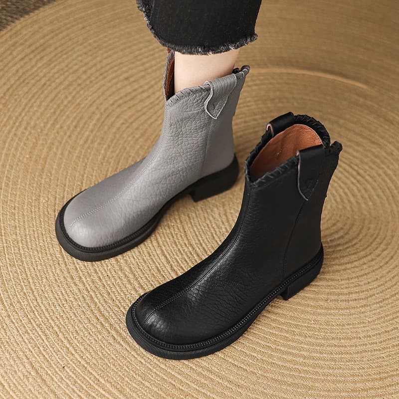 2026 new winter women ankle boots natural leather plus size 22-26cm sheepskin round toe low heel retro back zip western boots