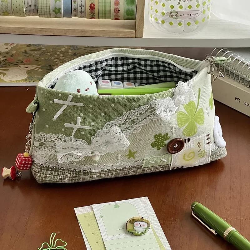 Fresh Polka Dot Lace Bow Vintage Pencil Bag Portable Cute Stationery Storage Pouch Zipper Pencil Case For School Girls