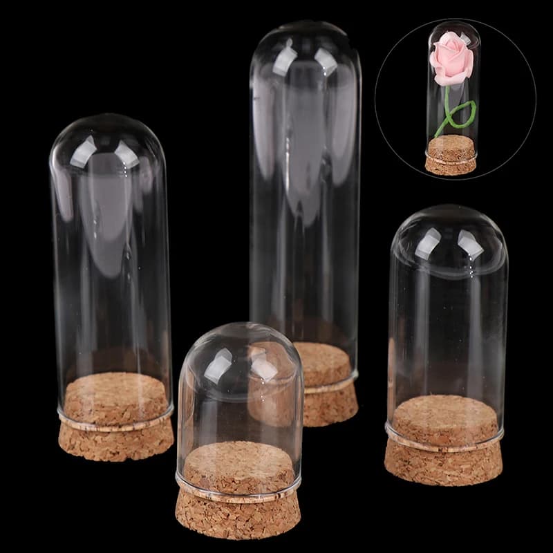 Barattolo di campana in sughero in legno con cupola di vetro per bambola 1/6 con decorazione artigianale con base in legno