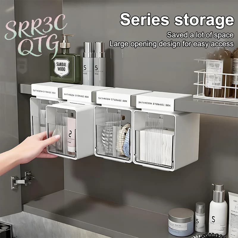 Cassetto portaoggetti estraibile trasparente per bagno, per bastoncini di cotone e make-up, da installare sotto il mobiletto a specchio