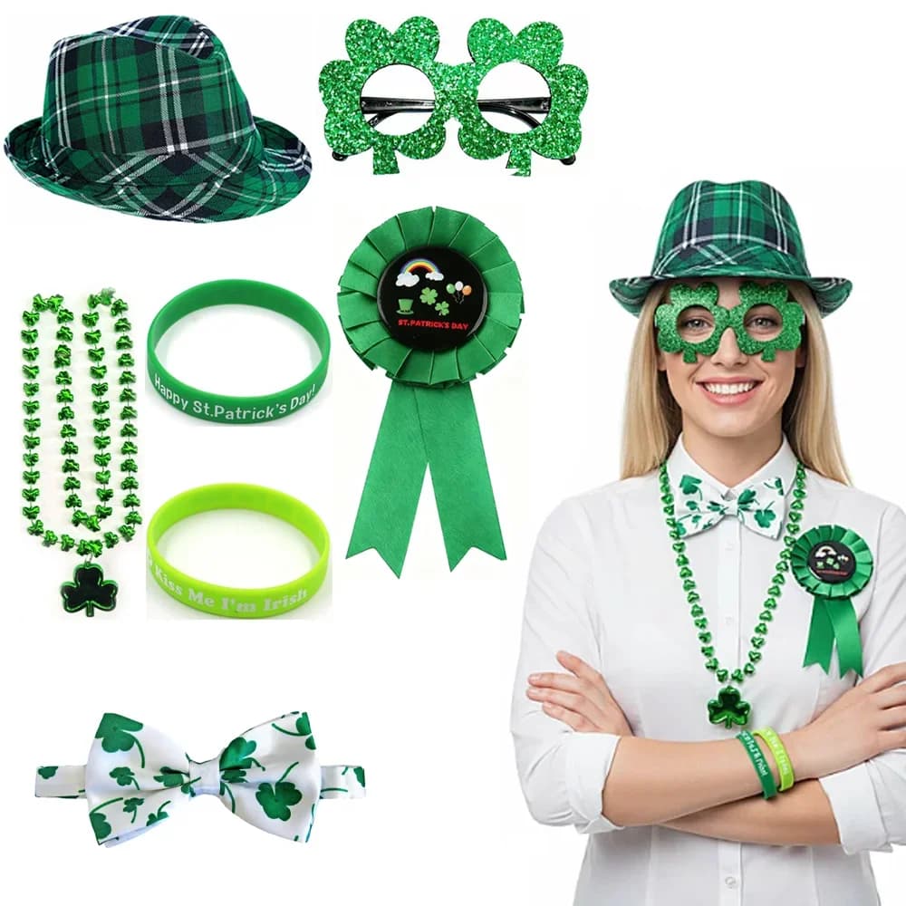 San Patrizio party accessories: soft hats, ties, necklaces with glasses, badges, adhesive models etc., suitable for party dresses