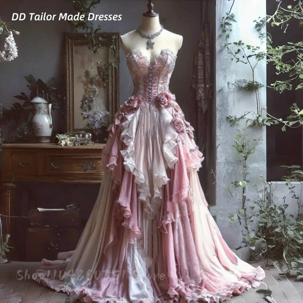 Romantic Garden Wedding Dress Pink And Ivory A-Line Long Bridal Gown Ruffled Flowers Strapless Corset Formal Dresses Customized