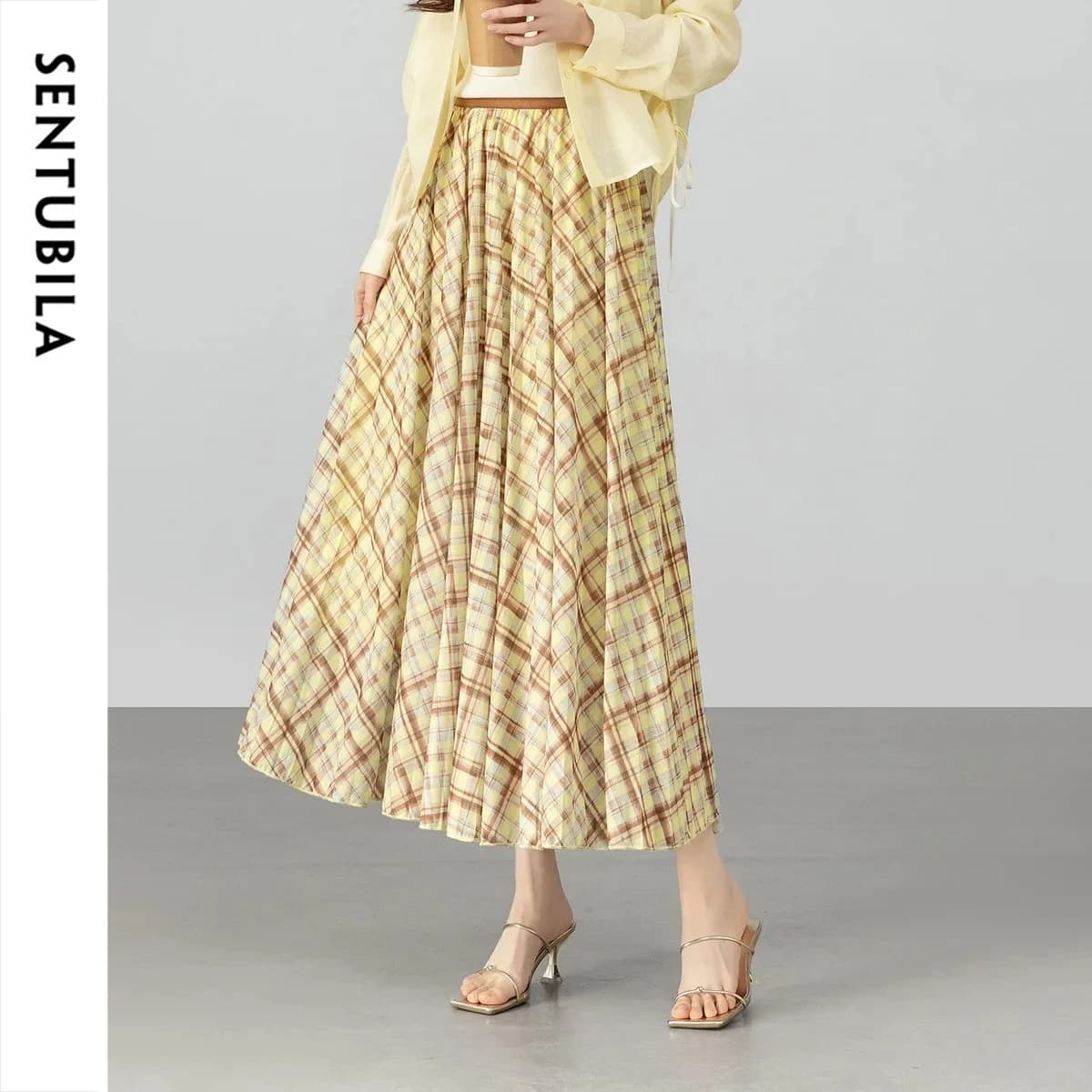 SENTUBILA Women Vintage Plaid Print Tulle Skirt 2026 Summer High Waist A-Line Flared Pleated Midi Skirt Commuter Wear W61QA6131