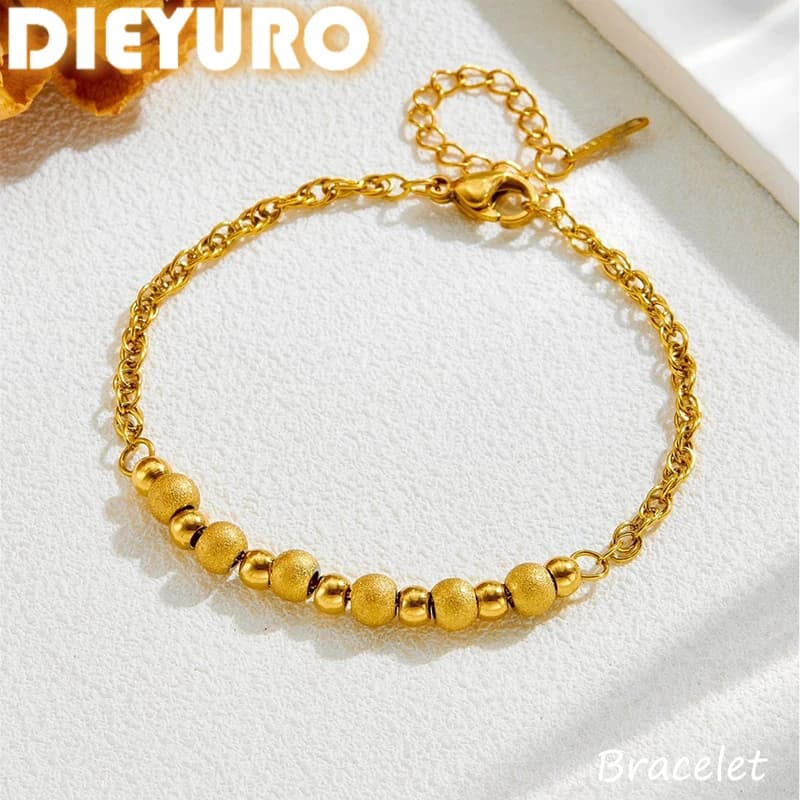 DIEYURO Bracciale con ciondoli a perline rotonde in acciaio inossidabile 316L dorato, classico da donna, nuova moda, gioielli a catena per mano che non sbiadiscono