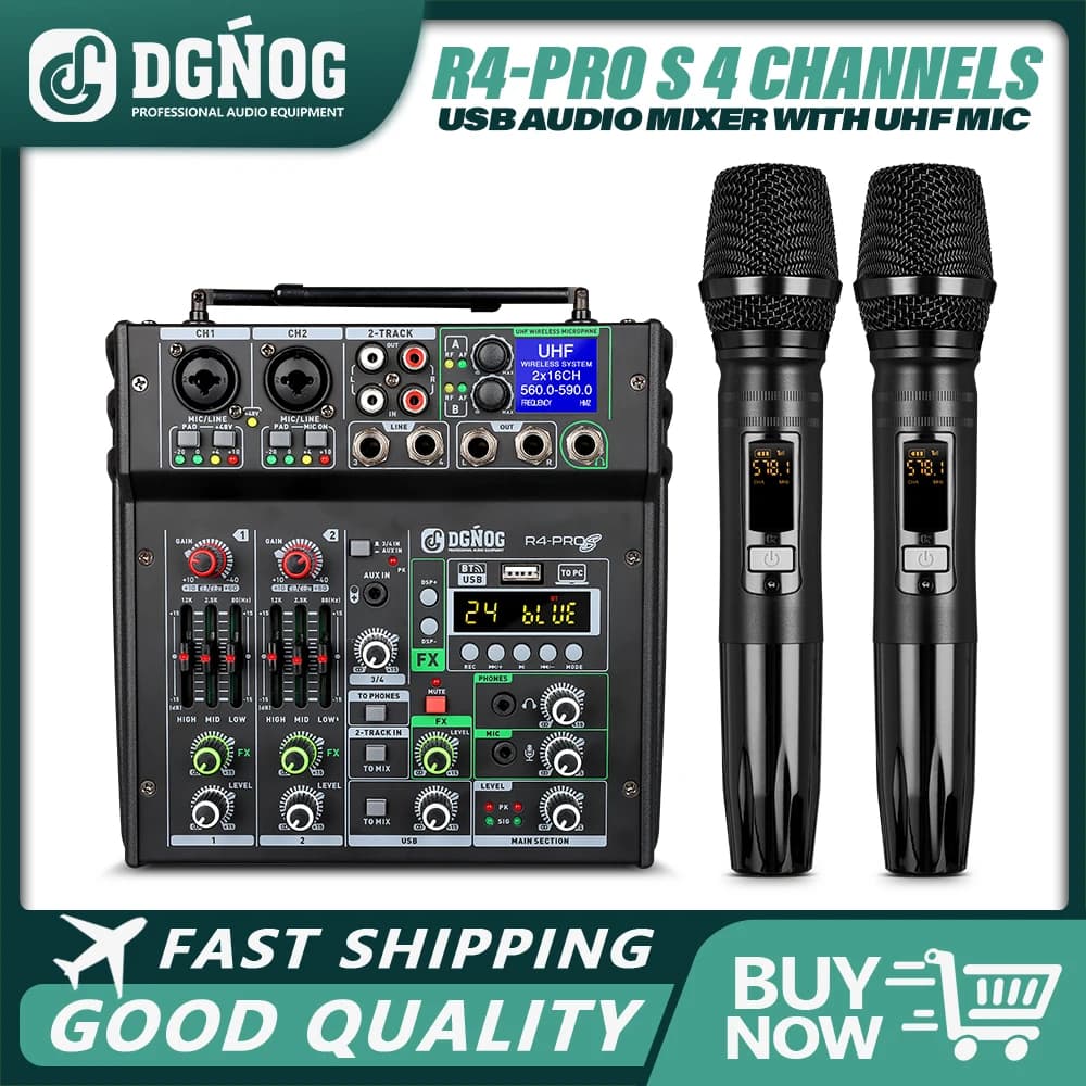 DGNOG Doppio microfono wireless UHF Mixer audio DJ Mixer a 4 canali Mixer karaoke USB Bluetooth per studio di registrazione del computer