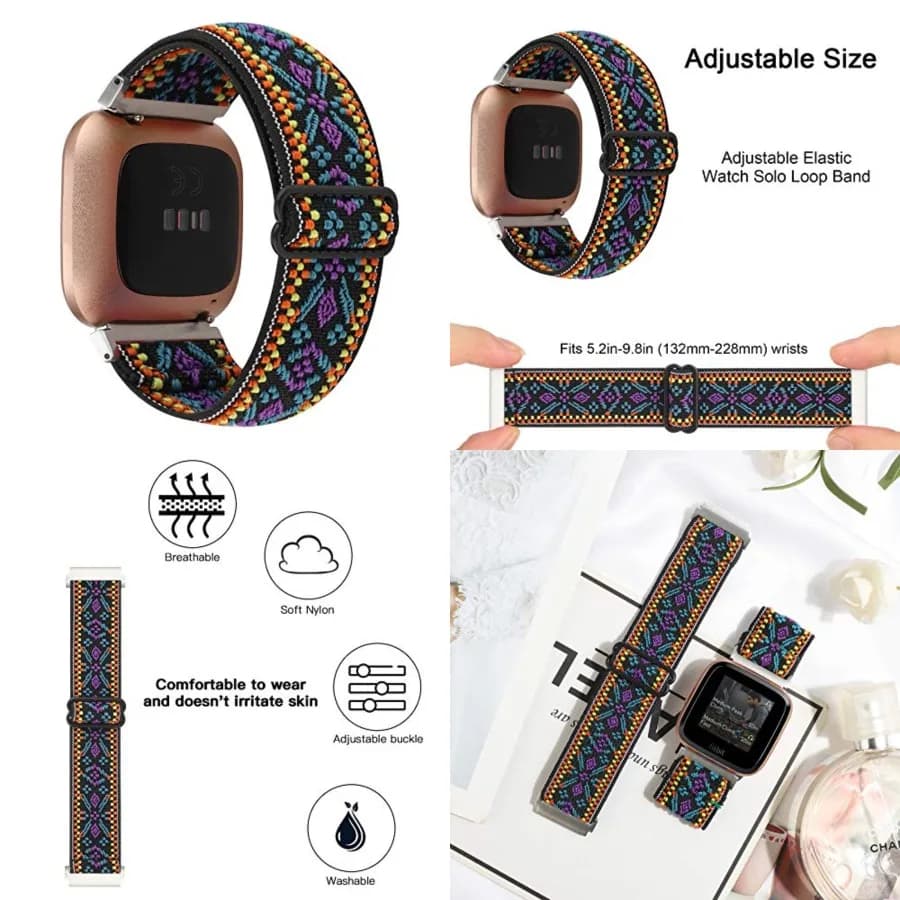 Adjustable Elastic Watch Band Compatible with Fitbit Versa/Versa 2/Versa Lite Special Edition for Women Men Nylon Stretchy Strap Wristband for Fitbit Versa Smart Watch (Purple Blue)