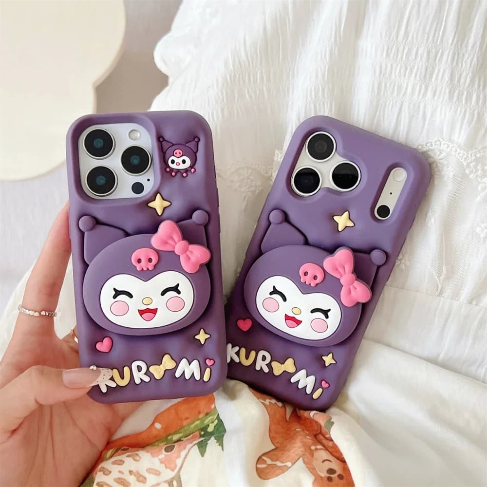 Cover per iPhone 12 13 14 15 16 17 Pro Max Plus in morbido silicone con supporto 3D a forma di Kuromi dei cartoni animati Sanrio