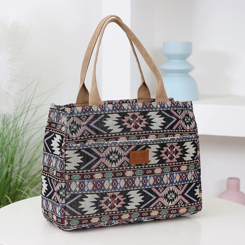 Borsa tote da donna in tessuto jacquard lavorato a maglia spessa, borsa per la spesa portatile con motivo in stile etnico, ideale per lavoro e viaggi