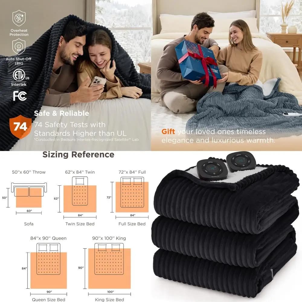 Coperta elettrica in morbida flanella a coste Queen Size con doppi controlli, 10 impostazioni di calore e 10 timer, spegnimento automatico di 8 ore (84x90 pollici,