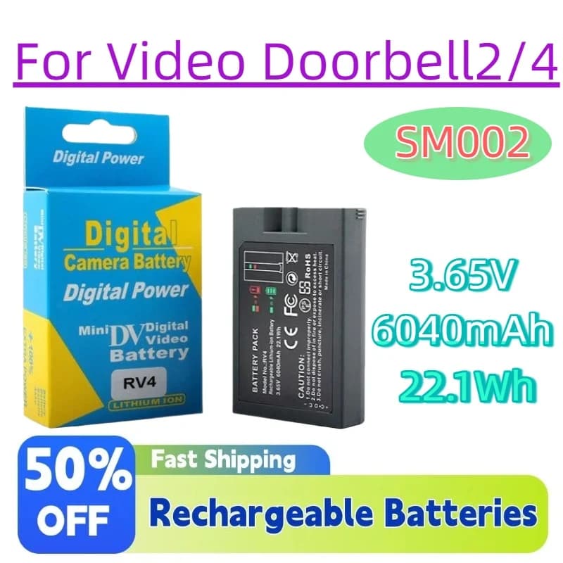 Batterie ricaricabili agli ioni di litio SM002 da 3.65V 6040mAh 22.1Wh per campanello video 2/4, telecamera Spotlight, faretto solare e batteria video
