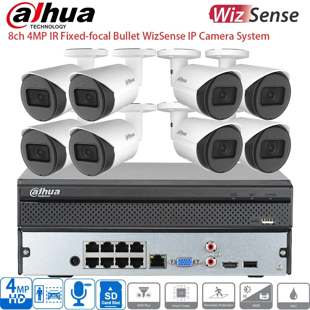 Sistema di Telecamere di Sicurezza Dahua a 8 Canali, NVR POE, Telecamera IP Bullet IR 4MP IPC-HFW2441S-S per Sorveglianza Domestica